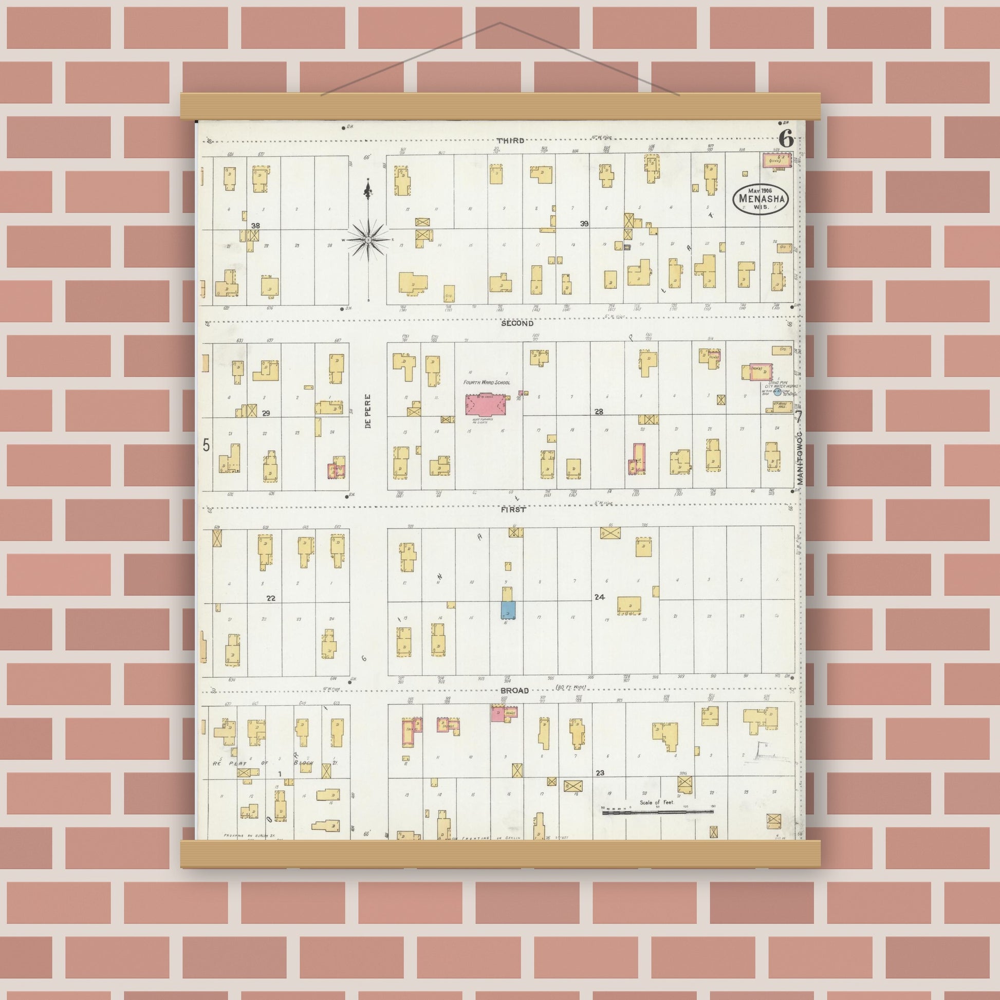 Old map wall art mockup — magnetic wood frame on brick wall — Sanborn Fire Insurance Map from Menasha, Winnebago County, Wisconsin (1906), Sheet #0006