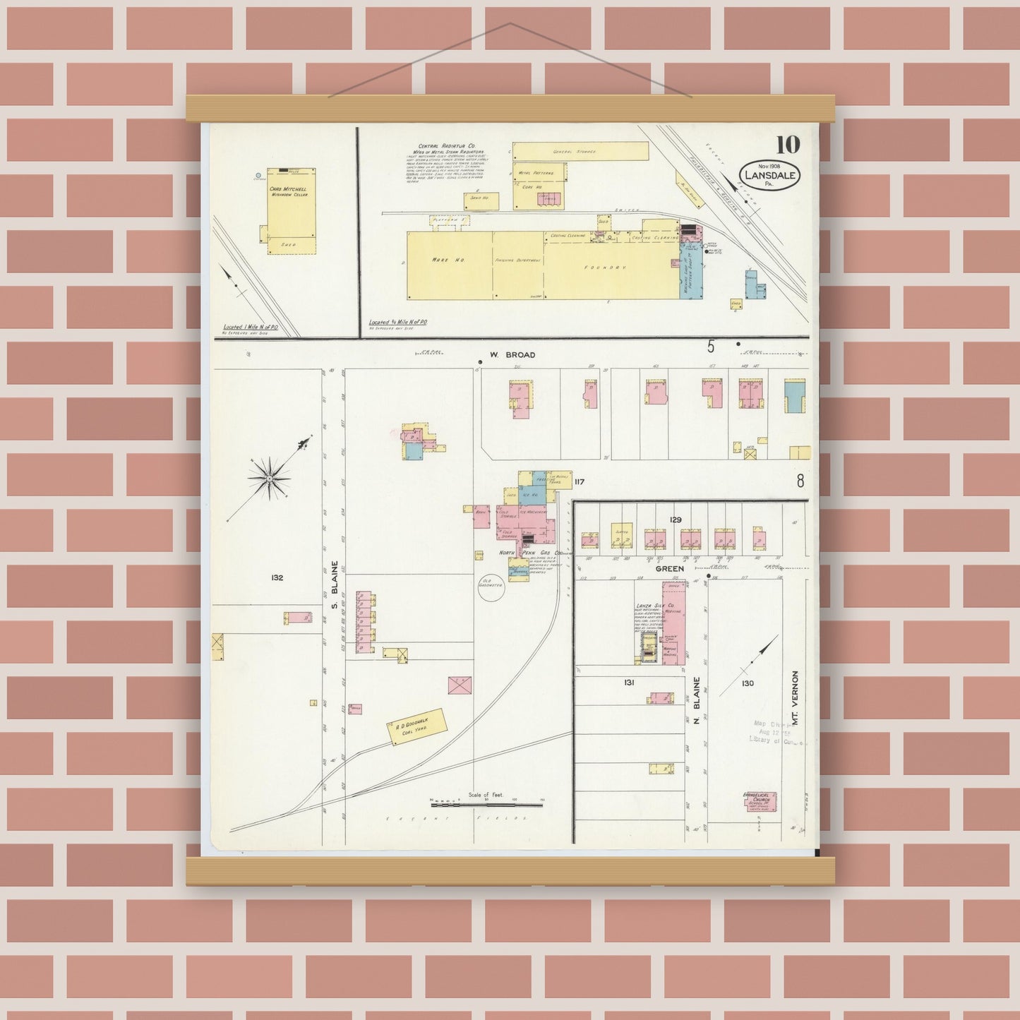 Old map wall art mockup — magnetic wood frame on brick wall — Sanborn Fire Insurance Map from Lansdale, Montgomery County, Pennsylvania (1912), Sheet #0010