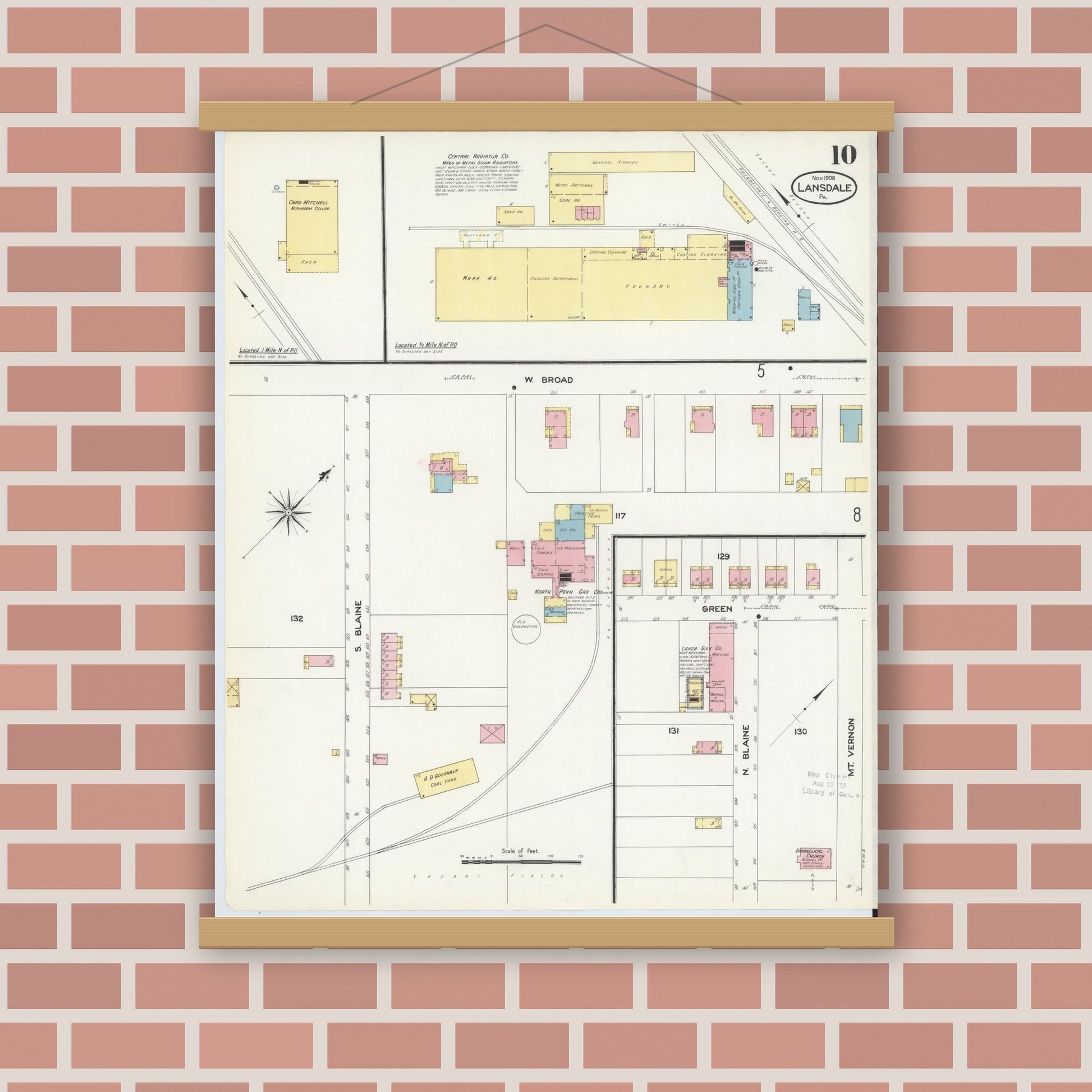 Old map wall art mockup — magnetic wood frame on brick wall — Sanborn Fire Insurance Map from Lansdale, Montgomery County, Pennsylvania (1912), Sheet #0010