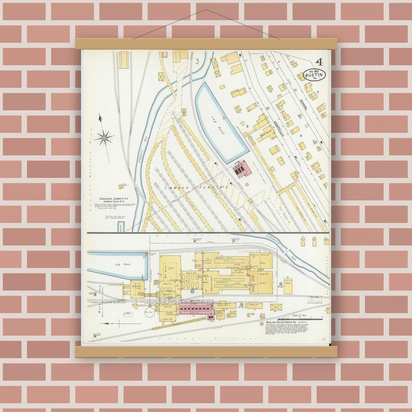 Old map wall art mockup — magnetic wood frame on brick wall — Sanborn Fire Insurance Map from Austin, Potter County, Pennsylvania (1903), Sheet #0004