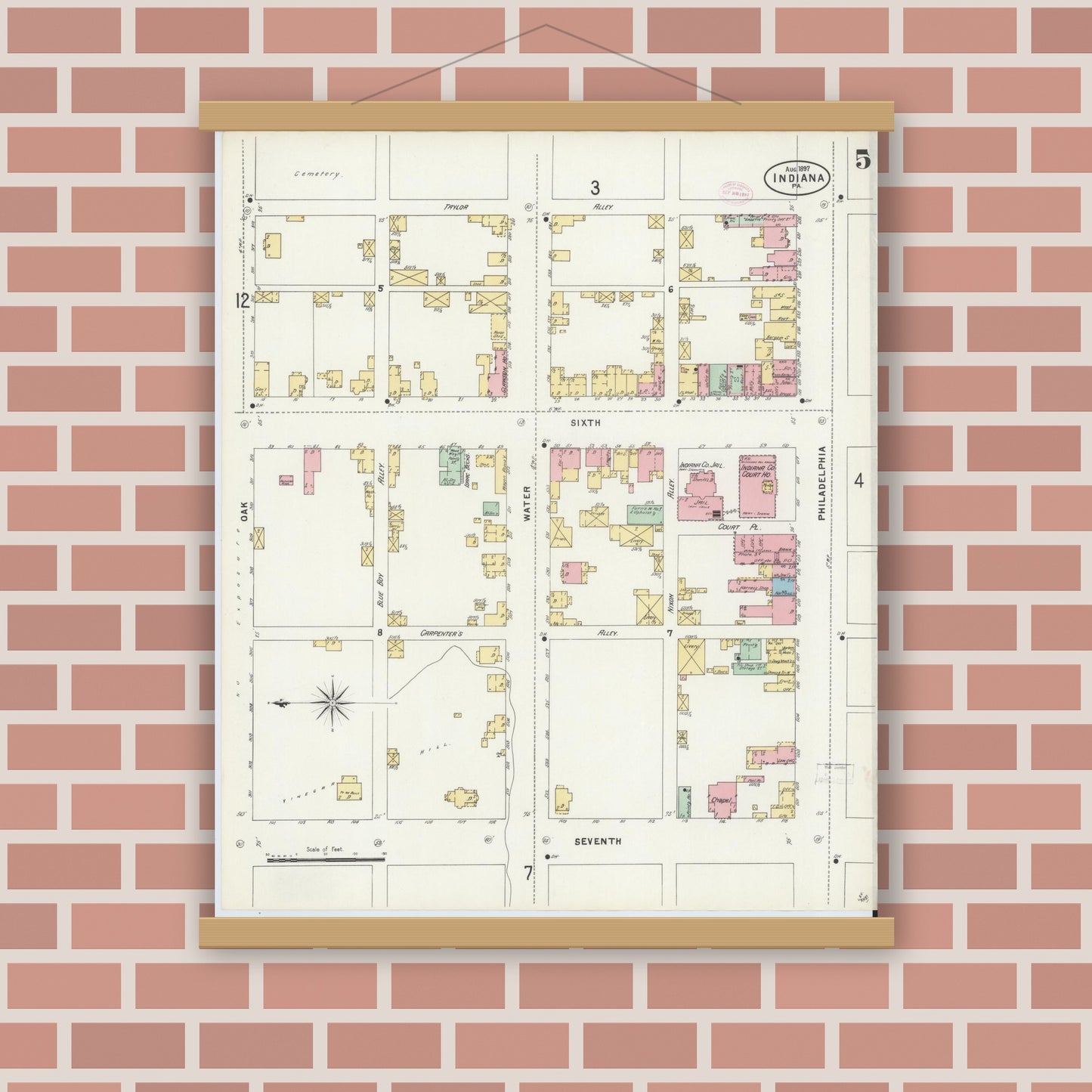 Old map wall art mockup — magnetic wood frame on brick wall — Sanborn Fire Insurance Map from Indiana, Indiana County, Pennsylvania (1888), Sheet #0005