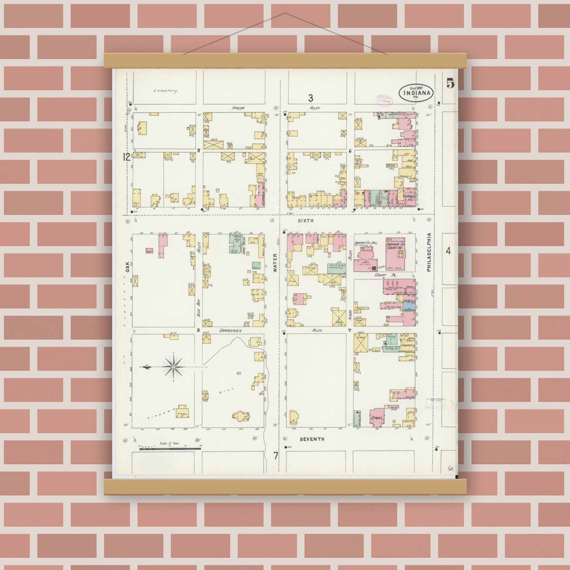 Old map wall art mockup — magnetic wood frame on brick wall — Sanborn Fire Insurance Map from Indiana, Indiana County, Pennsylvania (1888), Sheet #0005