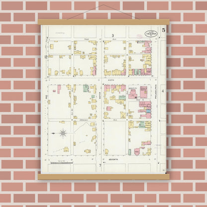 Old map wall art mockup — magnetic wood frame on brick wall — Sanborn Fire Insurance Map from Indiana, Indiana County, Pennsylvania (1888), Sheet #0005