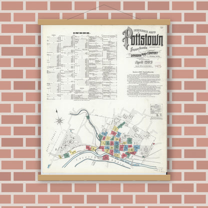 Old map wall art mockup — magnetic wood frame on brick wall — Sanborn Fire Insurance Map from Pottstown, Montgomery County, Pennsylvania (1909), Sheet #0001