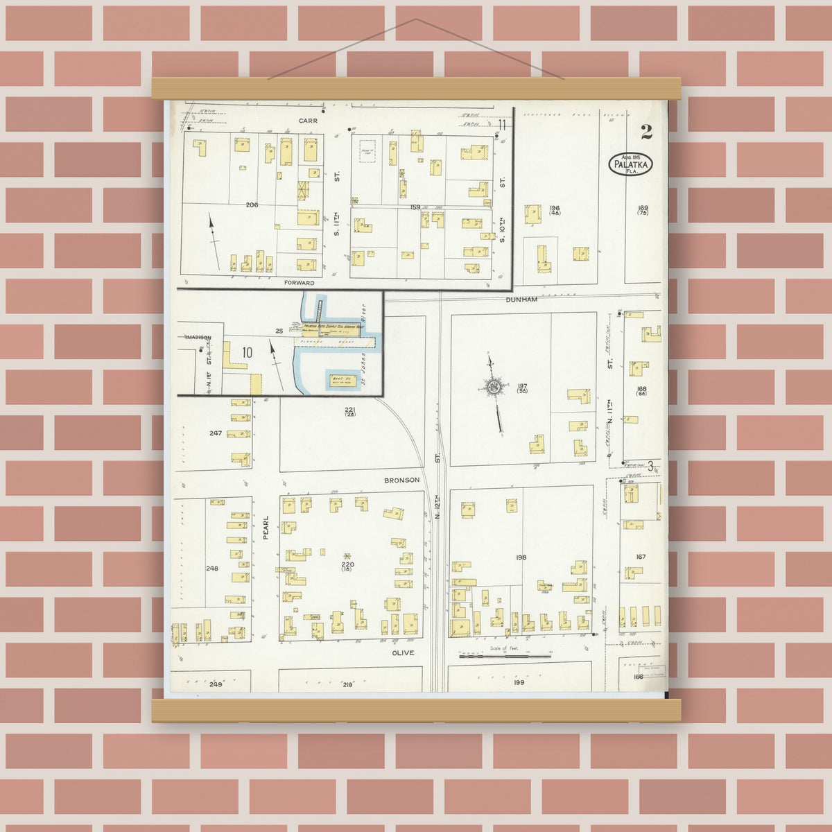 Old map wall art mockup — magnetic wood frame on brick wall — Sanborn Fire Insurance Map from Palatka, Putnam County, Florida (1915), Sheet #0002