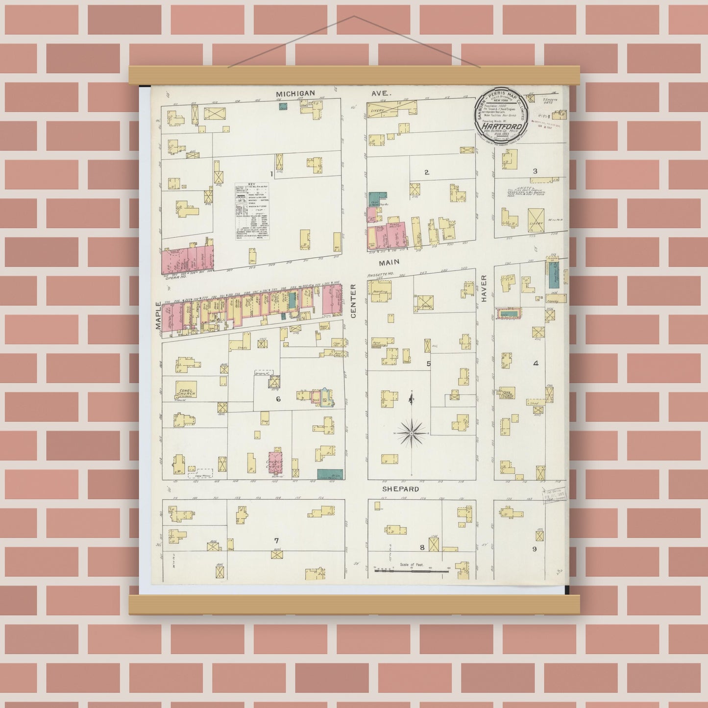 Old map wall art mockup — magnetic wood frame on brick wall — Sanborn Fire Insurance Map from Hartford, Van Buren County, Michigan (1893) - Complete Map Set