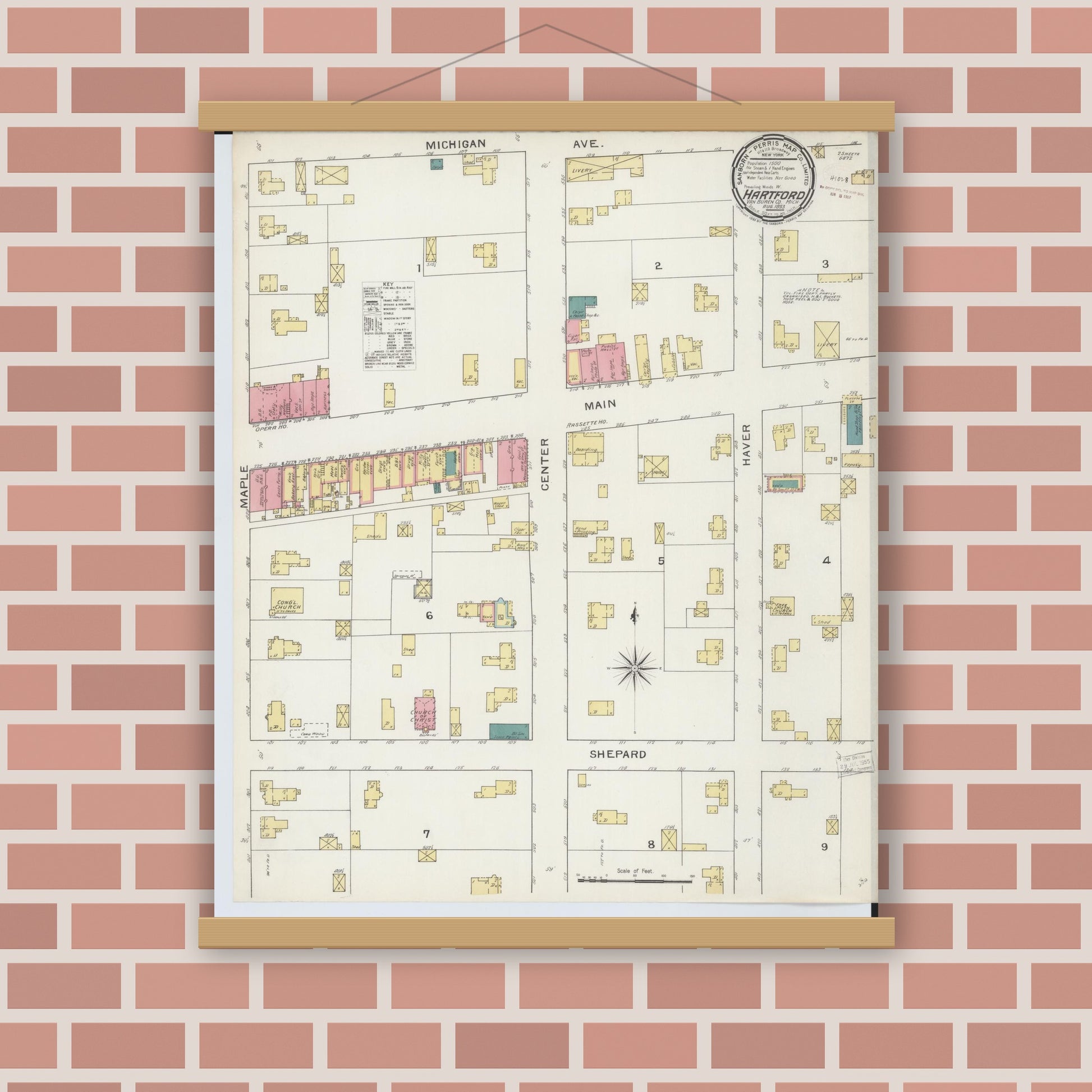 Old map wall art mockup — magnetic wood frame on brick wall — Sanborn Fire Insurance Map from Hartford, Van Buren County, Michigan (1893) - Complete Map Set
