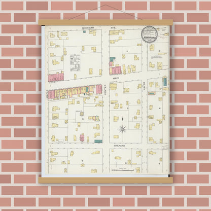 Old map wall art mockup — magnetic wood frame on brick wall — Sanborn Fire Insurance Map from Hartford, Van Buren County, Michigan (1893) - Complete Map Set