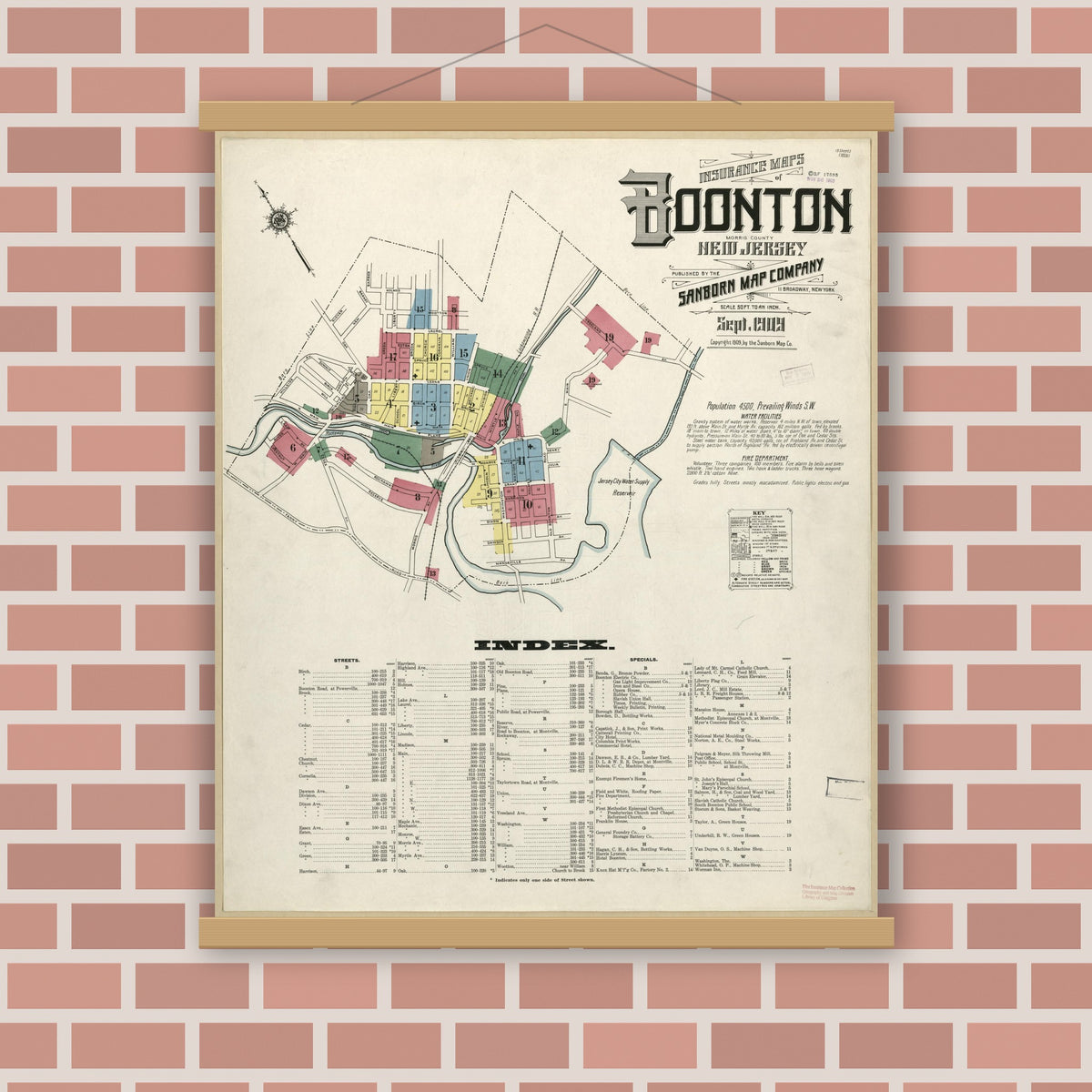Old map wall art mockup — magnetic wood frame on brick wall — Sanborn Fire Insurance Map from Boonton, Morris County, New Jersey (1909), Sheet #0001