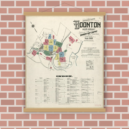 Old map wall art mockup — magnetic wood frame on brick wall — Sanborn Fire Insurance Map from Boonton, Morris County, New Jersey (1909), Sheet #0001