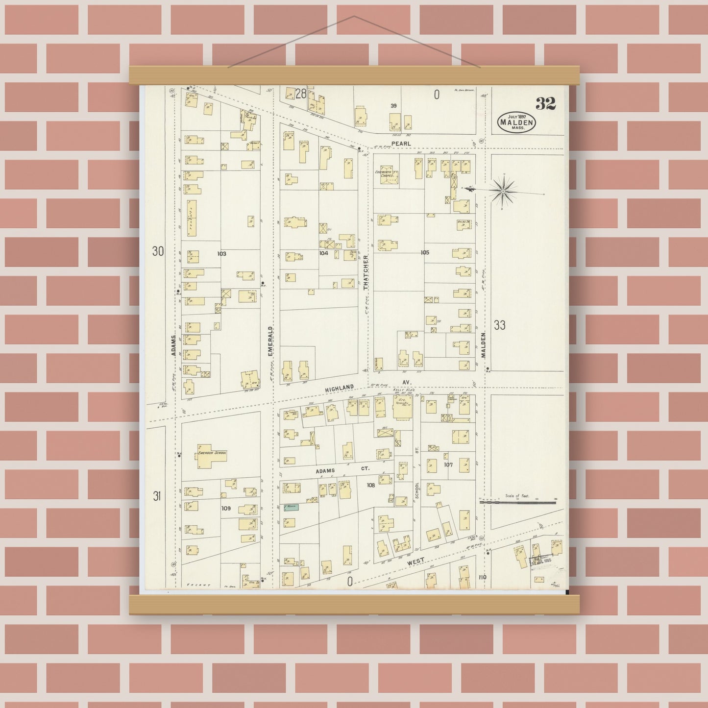 Old map wall art mockup — magnetic wood frame on brick wall — Sanborn Fire Insurance Map from Malden, Middlesex County, Massachusetts (1897), Sheet #0032
