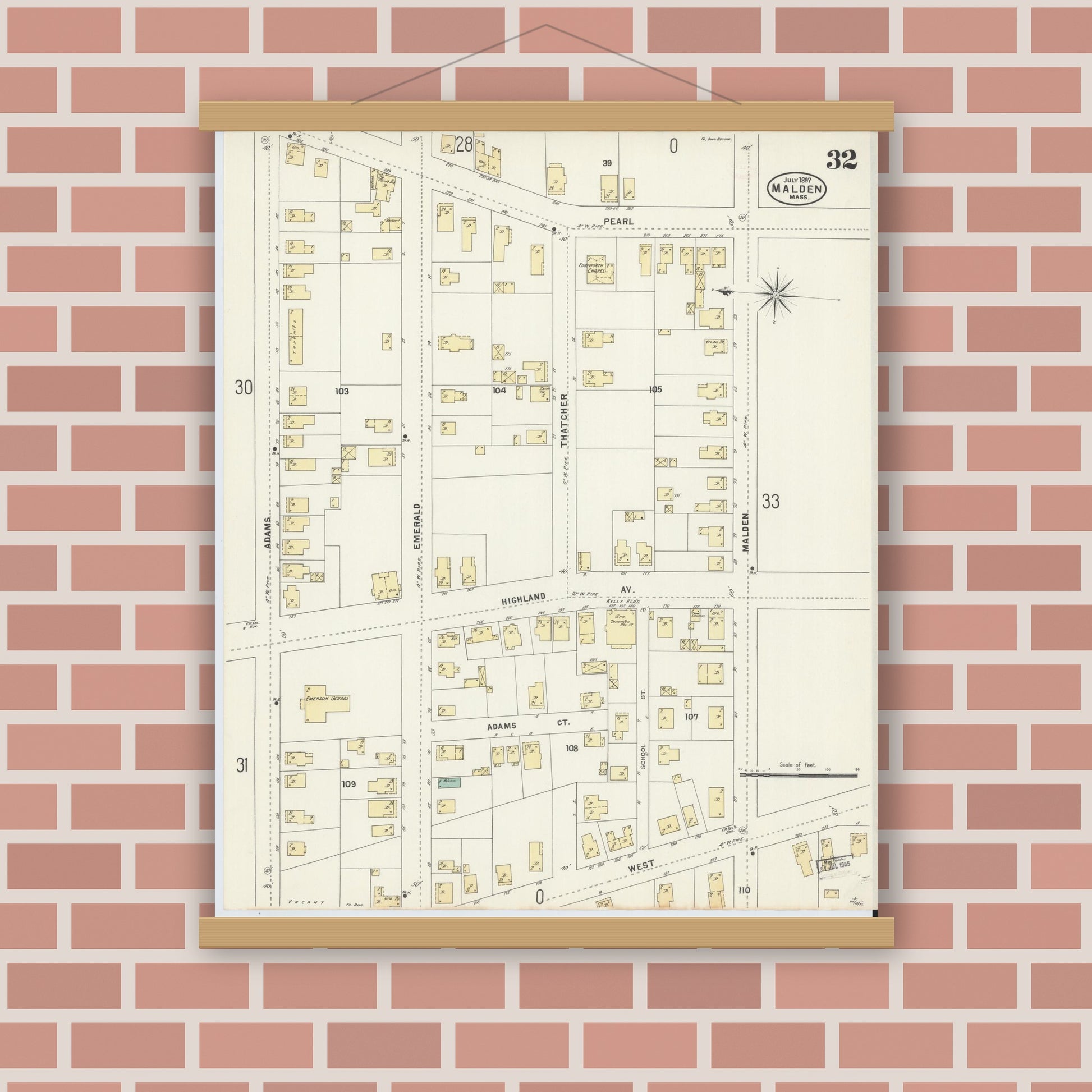 Old map wall art mockup — magnetic wood frame on brick wall — Sanborn Fire Insurance Map from Malden, Middlesex County, Massachusetts (1897), Sheet #0032
