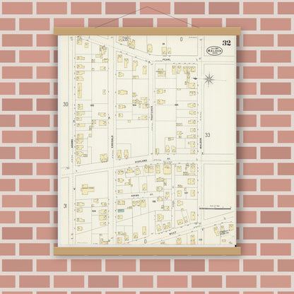 Old map wall art mockup — magnetic wood frame on brick wall — Sanborn Fire Insurance Map from Malden, Middlesex County, Massachusetts (1897), Sheet #0032