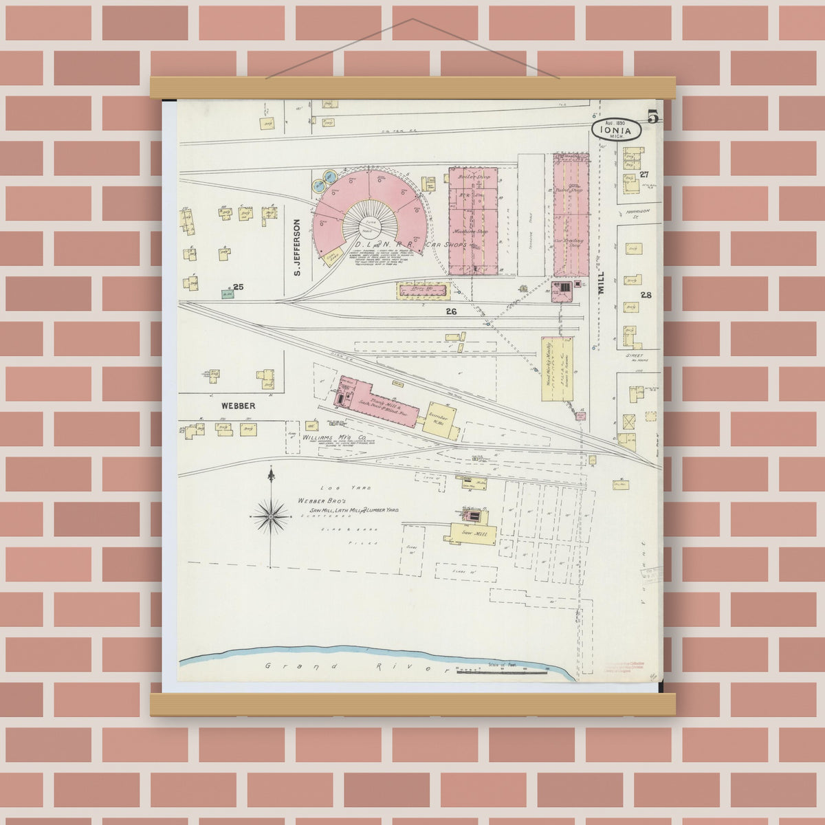 Old map wall art mockup — magnetic wood frame on brick wall — Sanborn Fire Insurance Map from Ionia, Ionia County, Michigan (1890), Sheet #0005