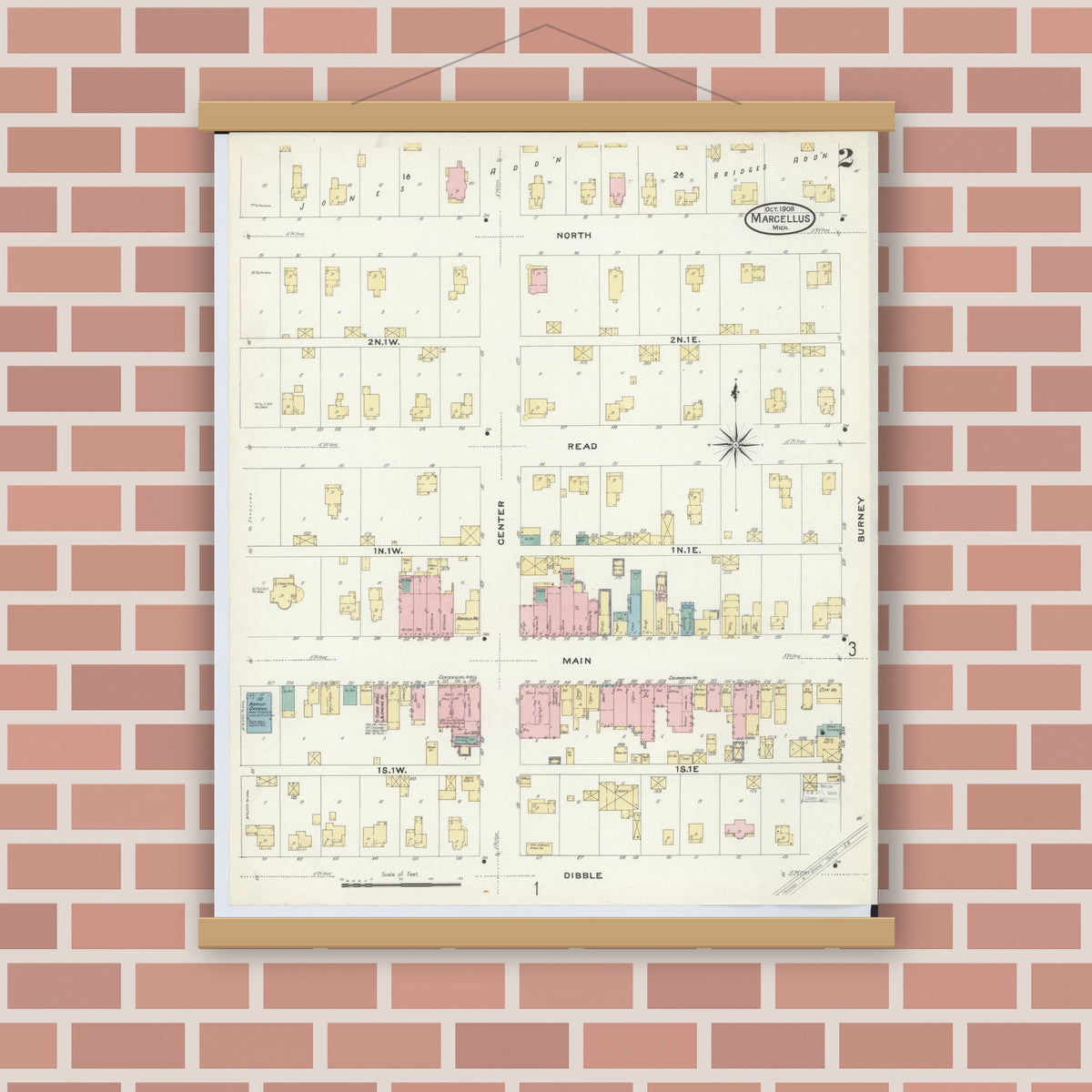 Old map wall art mockup — magnetic wood frame on brick wall — Sanborn Fire Insurance Map from Marcellus, Cass County, Michigan (1908), Sheet #0002