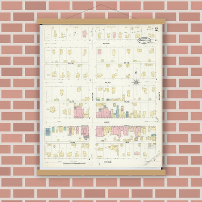 Old map wall art mockup — magnetic wood frame on brick wall — Sanborn Fire Insurance Map from Marcellus, Cass County, Michigan (1908), Sheet #0002