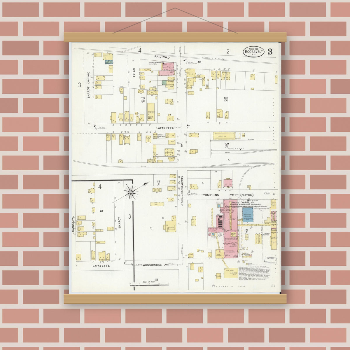 Old map wall art mockup — magnetic wood frame on brick wall — Sanborn Fire Insurance Map from Roosevelt, Middlesex County, New Jersey (1908), Sheet #0003