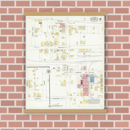Old map wall art mockup — magnetic wood frame on brick wall — Sanborn Fire Insurance Map from Roosevelt, Middlesex County, New Jersey (1908), Sheet #0003