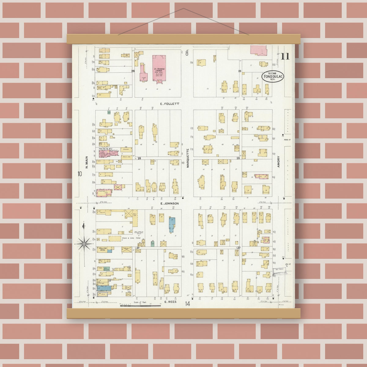 Old map wall art mockup — magnetic wood frame on brick wall — Sanborn Fire Insurance Map from Fond du Lac, Fond du Lac County, Wisconsin (1908), Sheet #0011