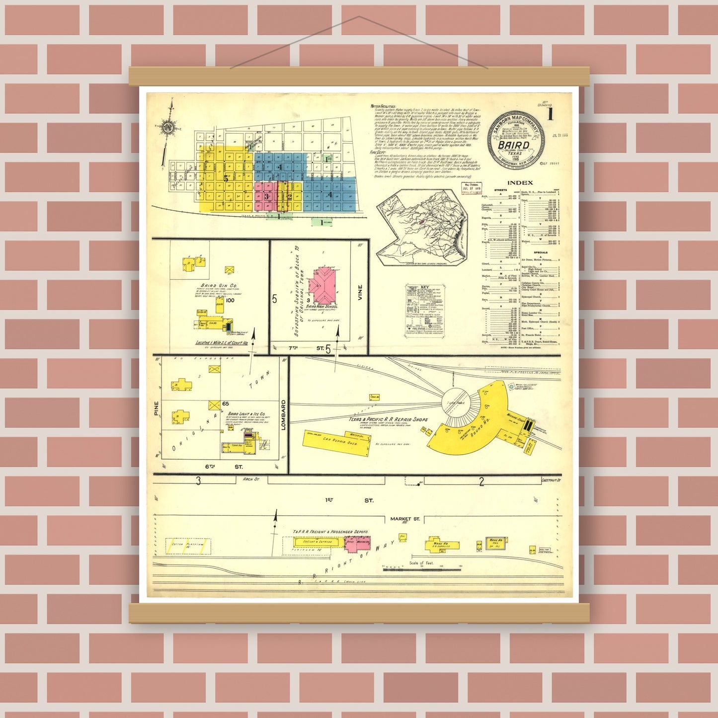 Old map wall art mockup — magnetic wood frame on brick wall — Sanborn Fire Insurance Map from Baird, Callahan County, Texas (1915), Sheet #0001