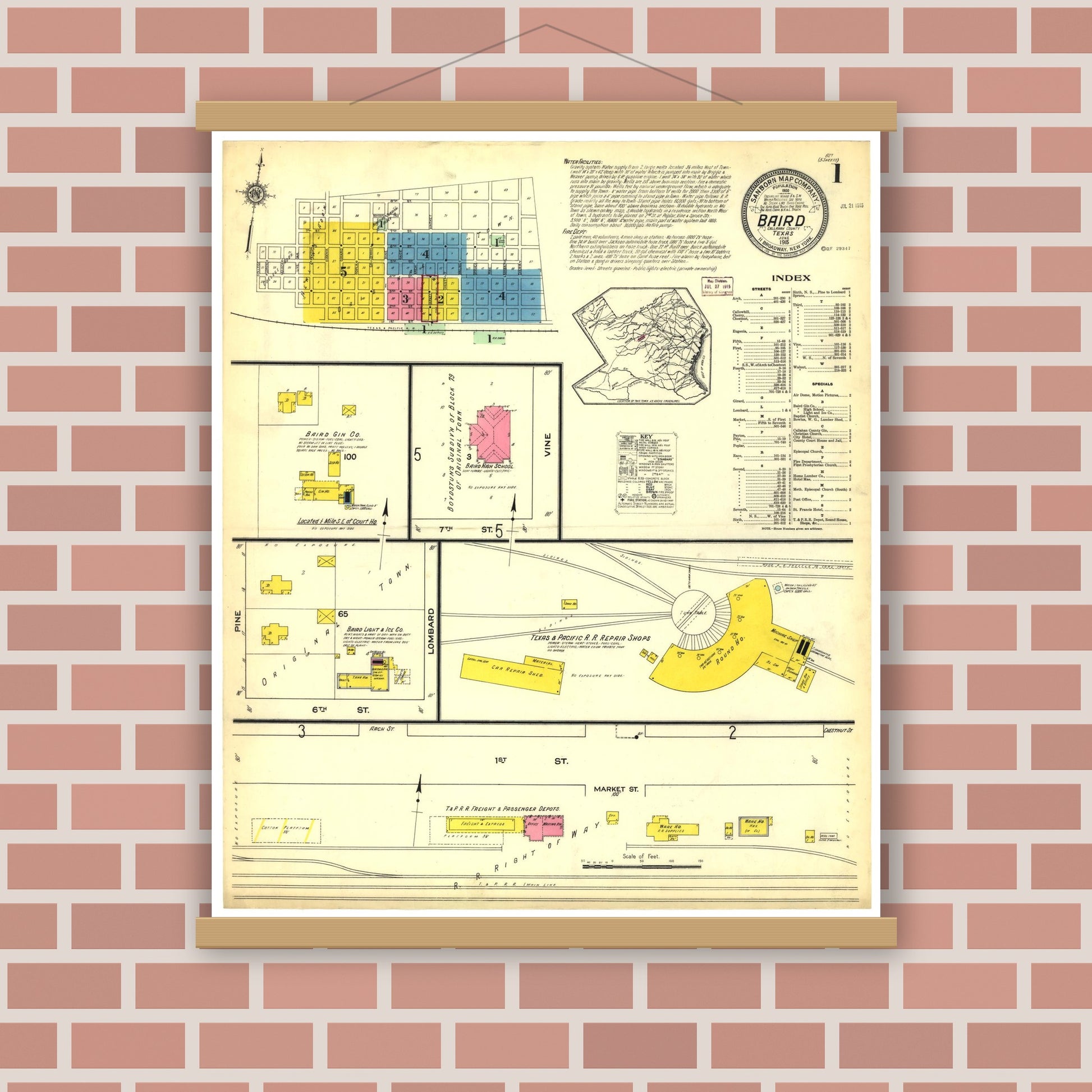Old map wall art mockup — magnetic wood frame on brick wall — Sanborn Fire Insurance Map from Baird, Callahan County, Texas (1915), Sheet #0001