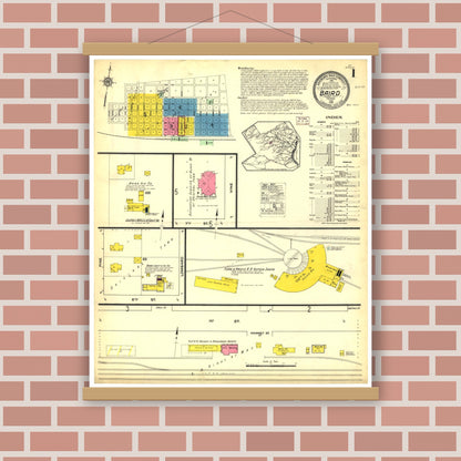 Old map wall art mockup — magnetic wood frame on brick wall — Sanborn Fire Insurance Map from Baird, Callahan County, Texas (1915), Sheet #0001