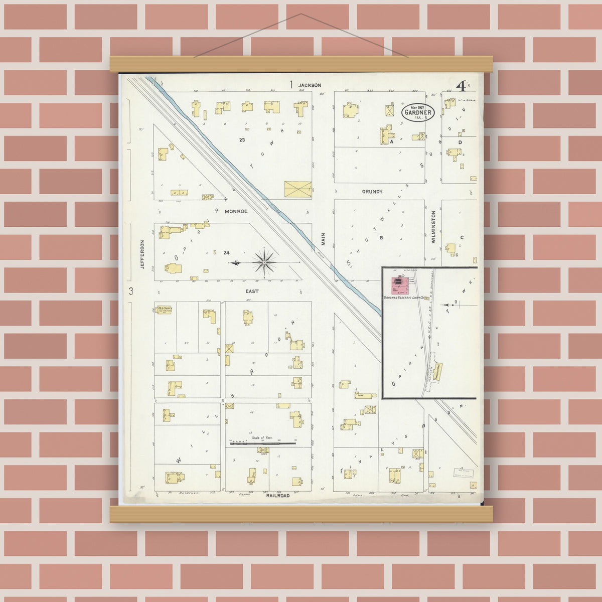 Old map wall art mockup — magnetic wood frame on brick wall — Sanborn Fire Insurance Map from Gardner, Grundy County, Illinois (1907), Sheet #0004