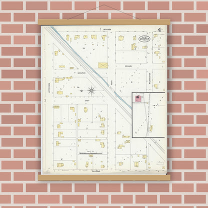 Old map wall art mockup — magnetic wood frame on brick wall — Sanborn Fire Insurance Map from Gardner, Grundy County, Illinois (1907), Sheet #0004