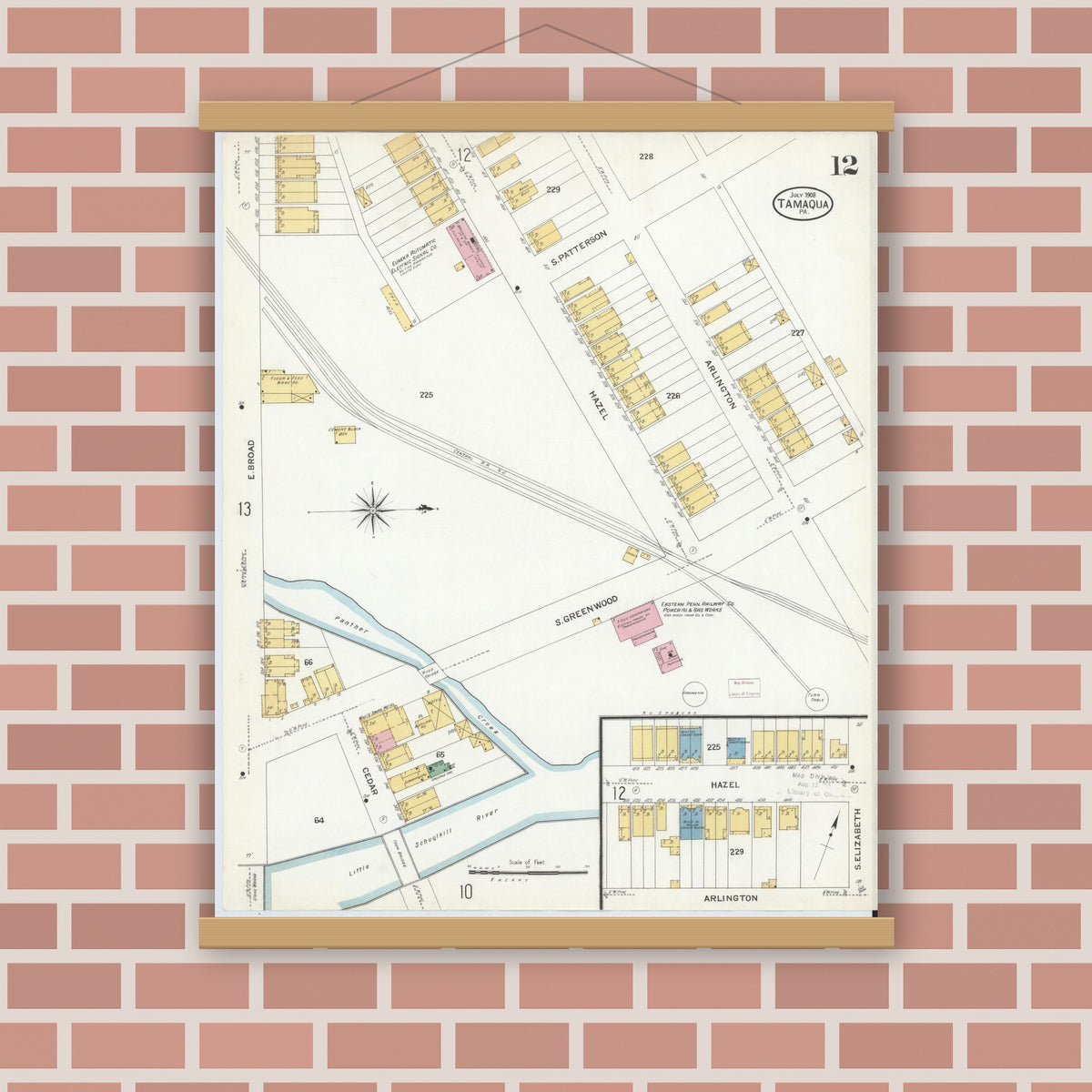 Old map wall art mockup — magnetic wood frame on brick wall — Sanborn Fire Insurance Map from Tamaqua, Schuylkill County, Pennsylvania (1908), Sheet #0012