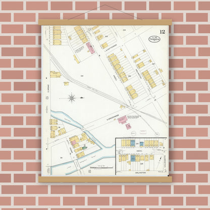 Old map wall art mockup — magnetic wood frame on brick wall — Sanborn Fire Insurance Map from Tamaqua, Schuylkill County, Pennsylvania (1908), Sheet #0012