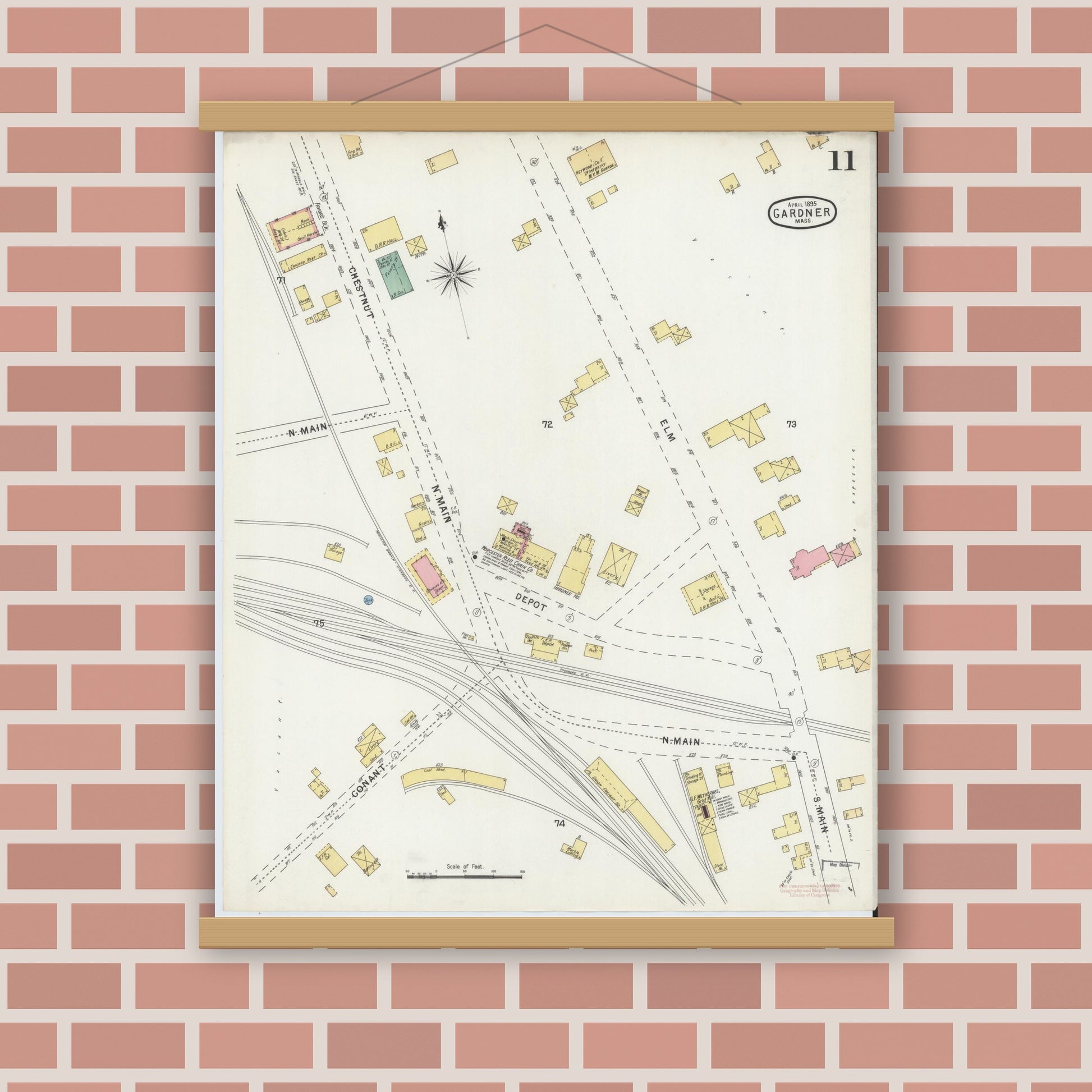 Old map wall art mockup — magnetic wood frame on brick wall — Sanborn Fire Insurance Map from Gardner, Worcester County, Massachusetts (1895), Sheet #0011
