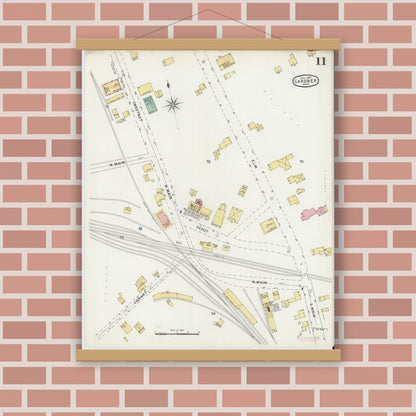 Old map wall art mockup — magnetic wood frame on brick wall — Sanborn Fire Insurance Map from Gardner, Worcester County, Massachusetts (1895), Sheet #0011