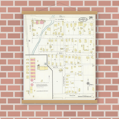 Old map wall art mockup — magnetic wood frame on brick wall — Sanborn Fire Insurance Map from Gainesville, Cooke County, Texas (1913), Sheet #0026
