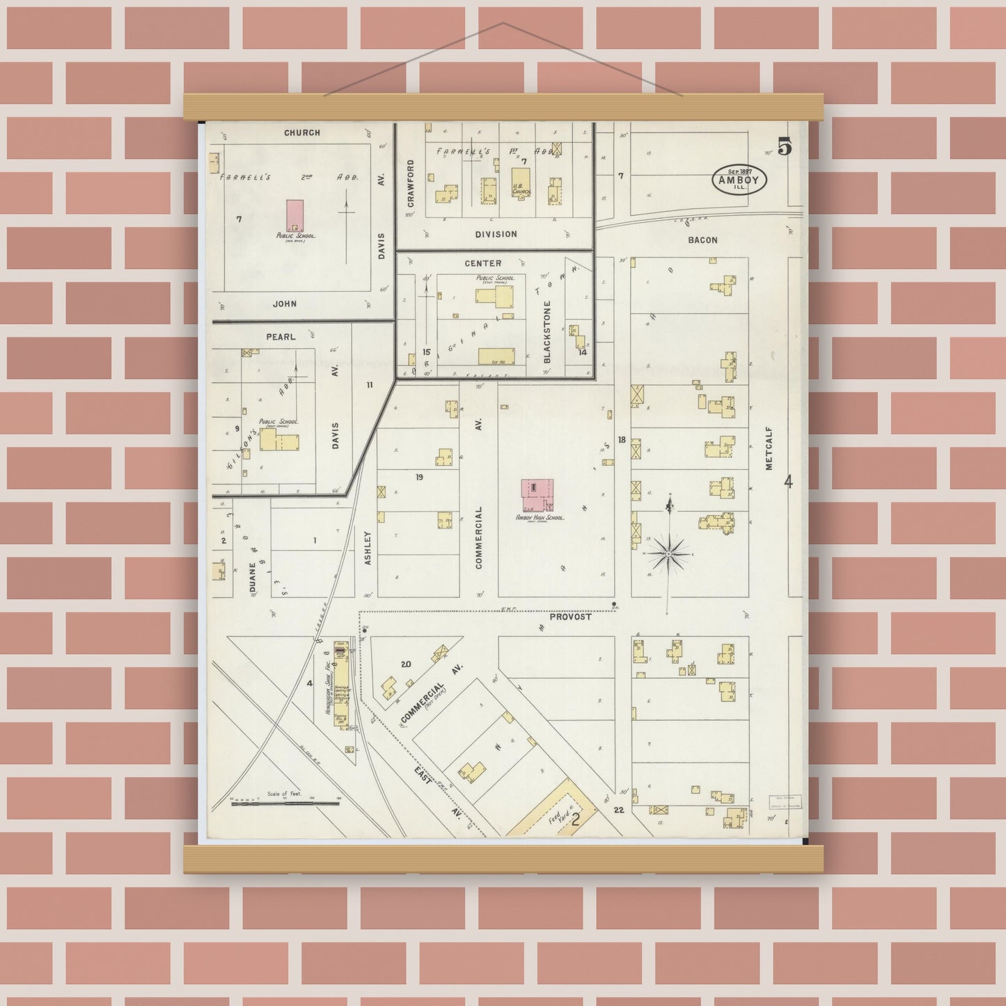 Old map wall art mockup — magnetic wood frame on brick wall — Sanborn Fire Insurance Map from Amboy, Lee County, Illinois (1897), Sheet #0005