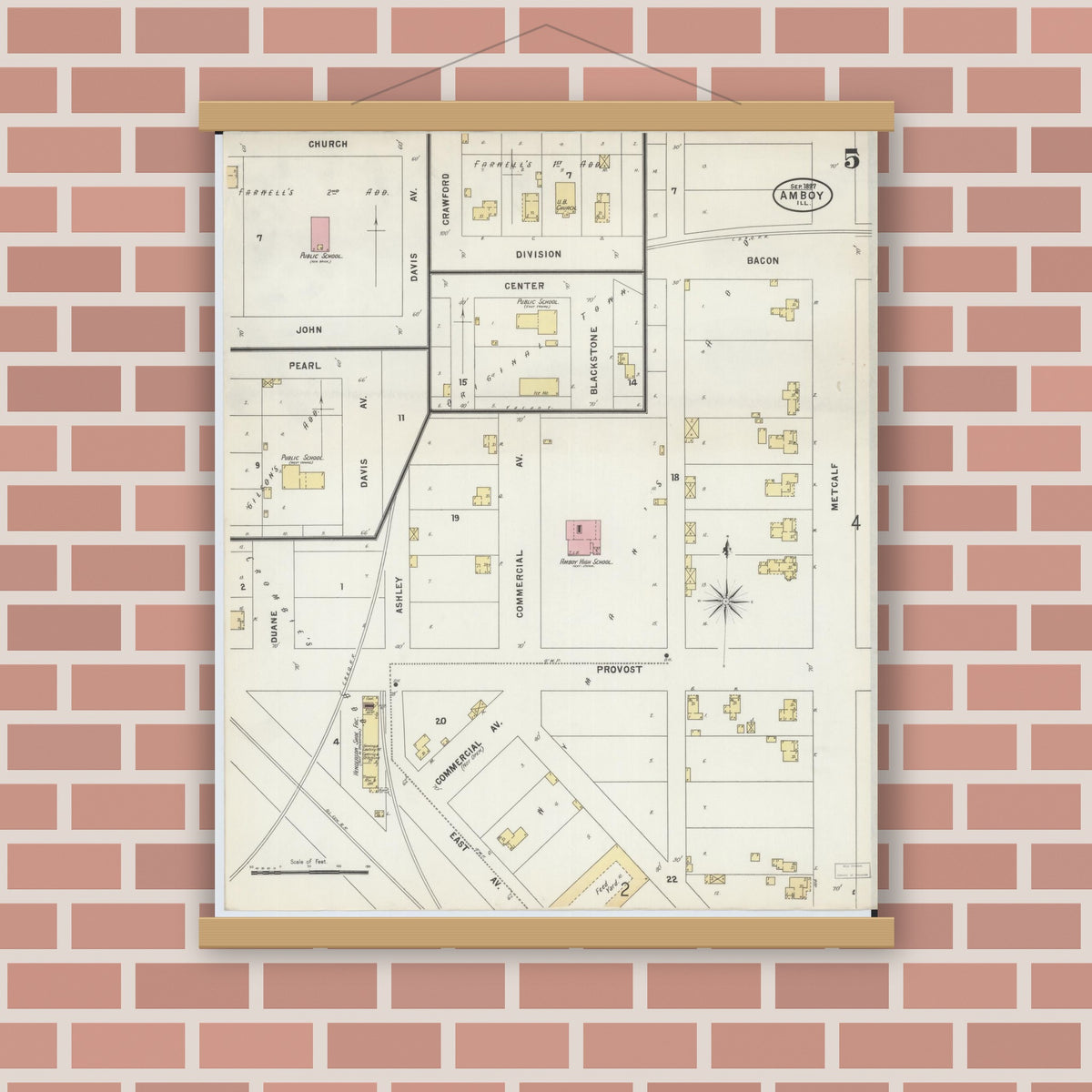 Old map wall art mockup — magnetic wood frame on brick wall — Sanborn Fire Insurance Map from Amboy, Lee County, Illinois (1897), Sheet #0005