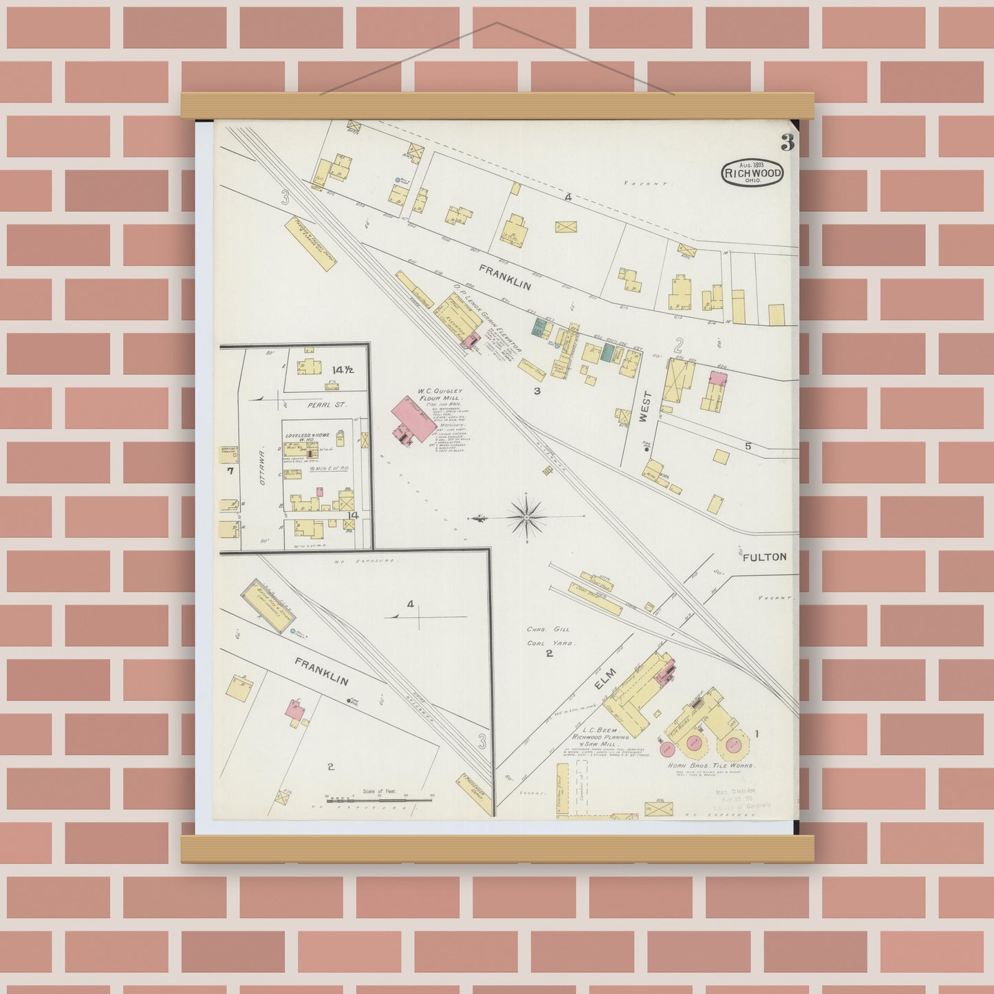 Old map wall art mockup — magnetic wood frame on brick wall — Sanborn Fire Insurance Map from Richwood, Union County, Ohio (1893), Sheet #0003