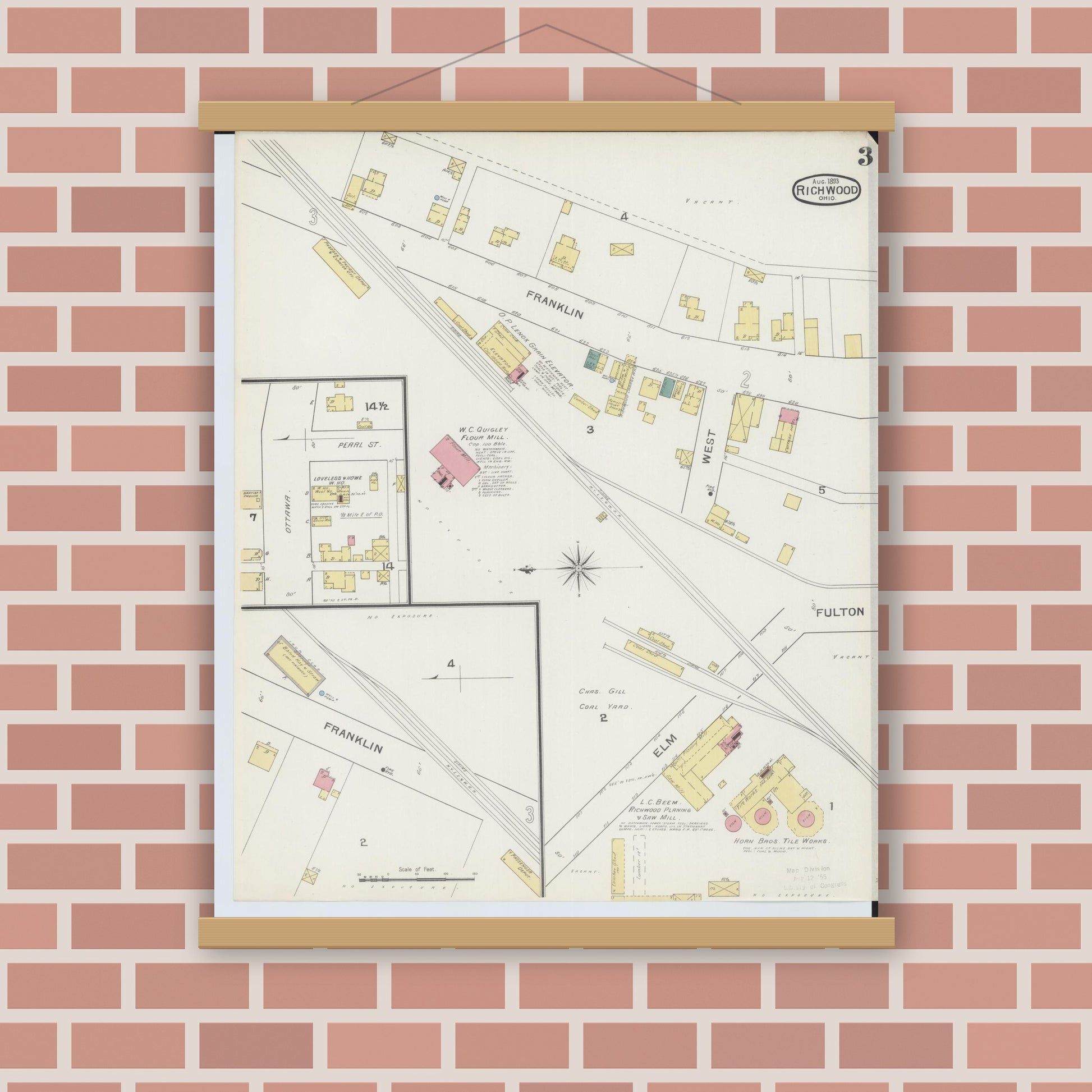 Old map wall art mockup — magnetic wood frame on brick wall — Sanborn Fire Insurance Map from Richwood, Union County, Ohio (1893), Sheet #0003