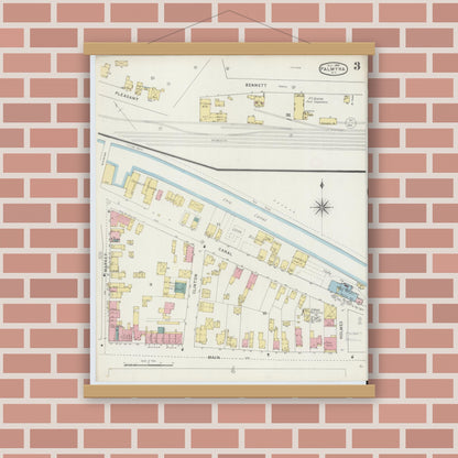 Old map wall art mockup — magnetic wood frame on brick wall — Sanborn Fire Insurance Map from Palmyra, Wayne County, New York (1894), Sheet #0003