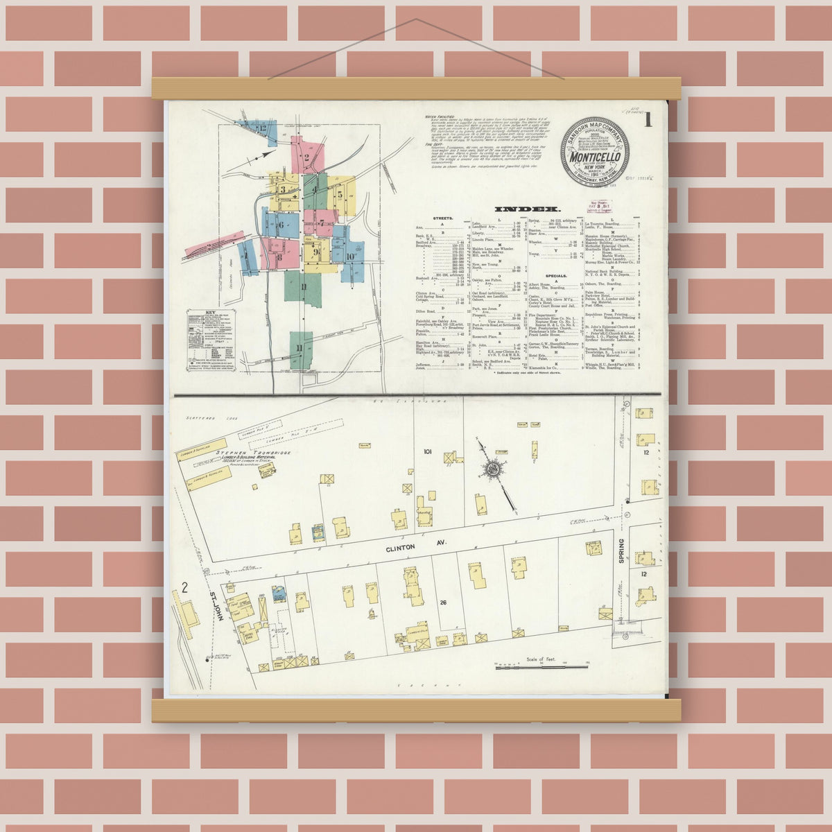 Old map wall art mockup — magnetic wood frame on brick wall — Sanborn Fire Insurance Map from Monticello, Sullivan County, New York (1911), Sheet #0001