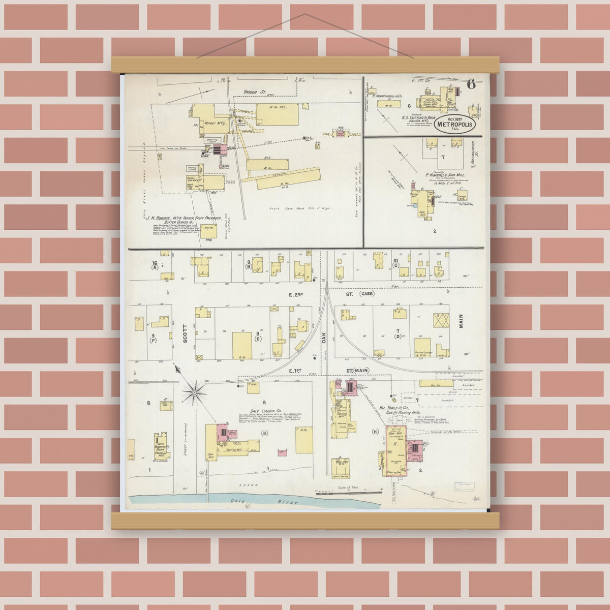 Old map wall art mockup — magnetic wood frame on brick wall — Sanborn Fire Insurance Map from Metropolis, Massac County, Illinois (1897), Sheet #0006