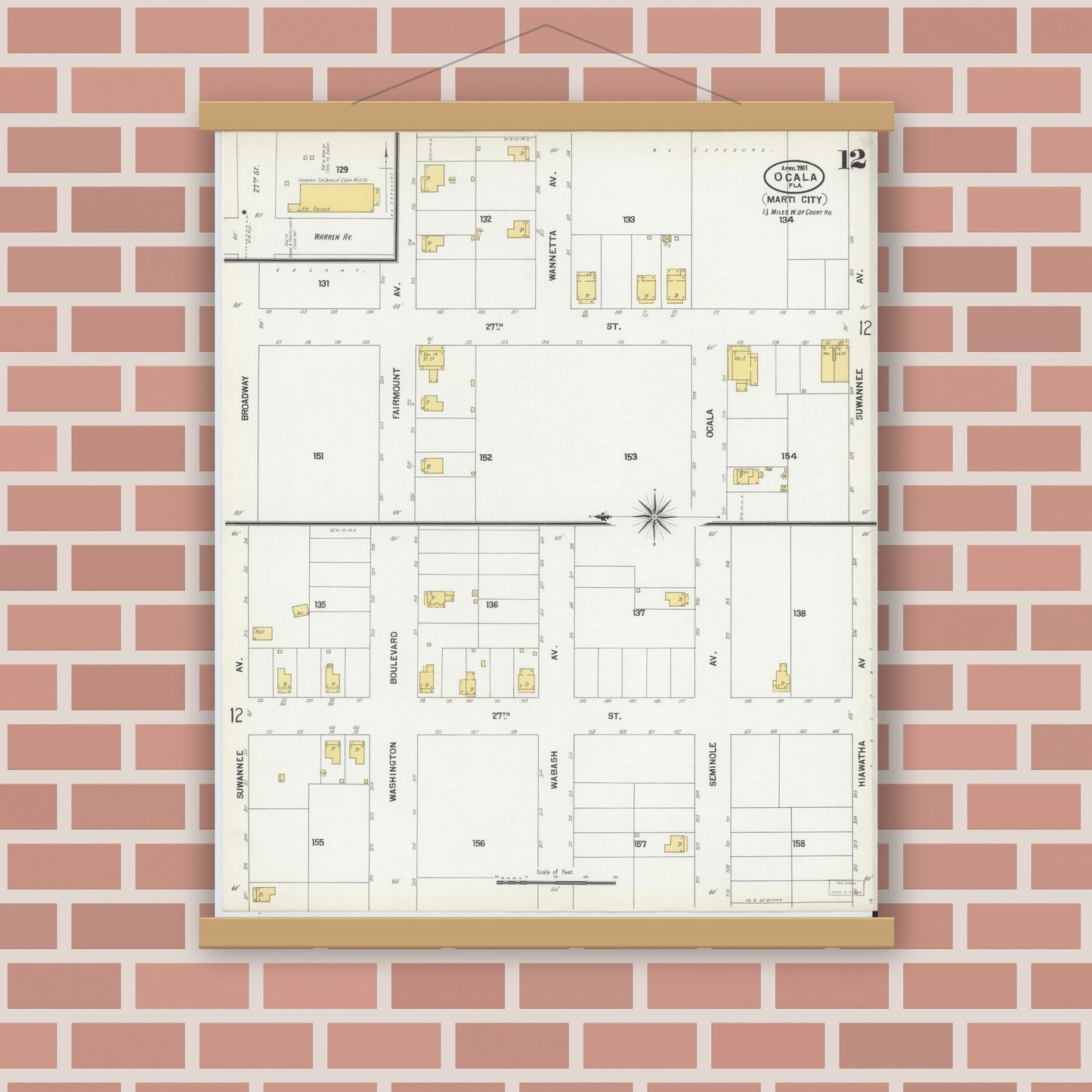 Old map wall art mockup — magnetic wood frame on brick wall — Sanborn Fire Insurance Map from Ocala, Marion County, Florida (1901), Sheet #0012