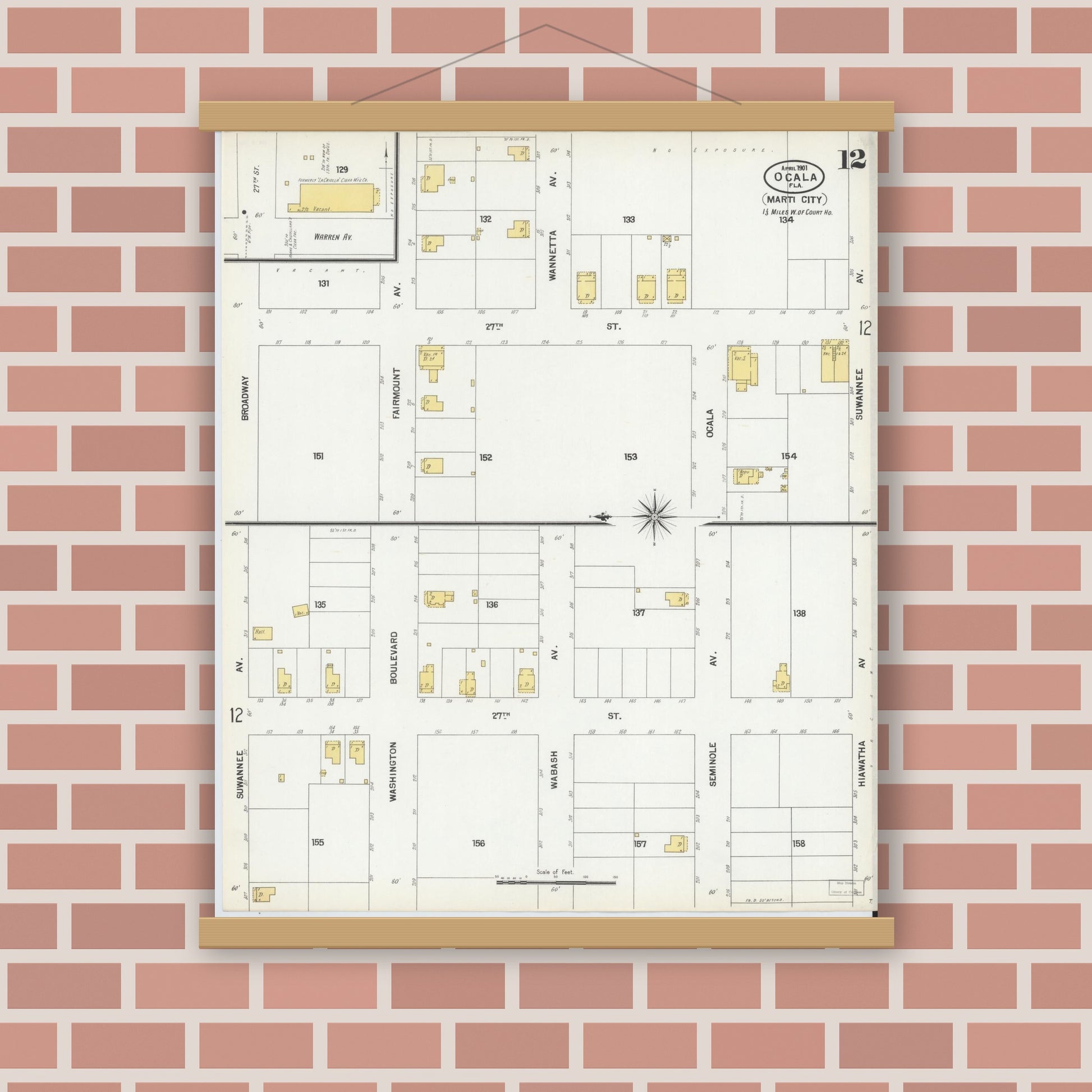 Old map wall art mockup — magnetic wood frame on brick wall — Sanborn Fire Insurance Map from Ocala, Marion County, Florida (1901), Sheet #0012