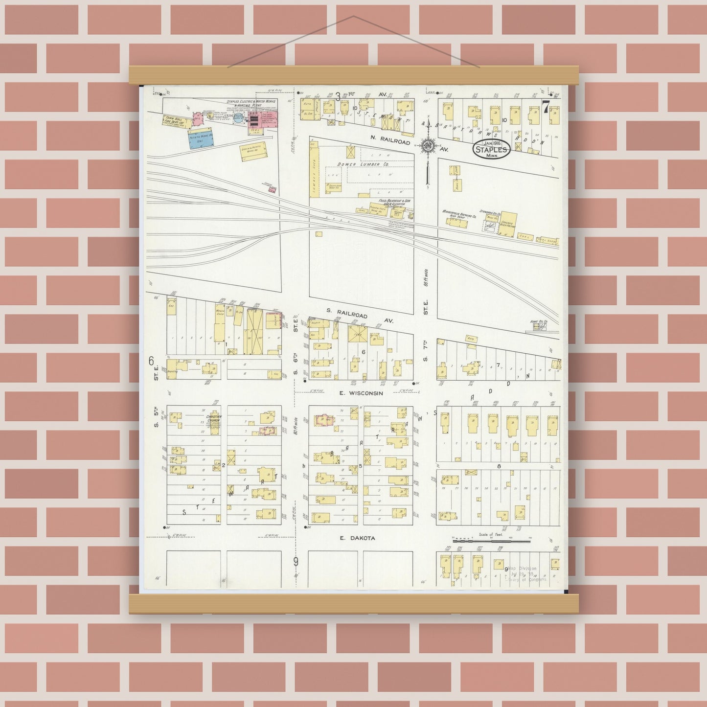 Old map wall art mockup — magnetic wood frame on brick wall — Sanborn Fire Insurance Map from Staples, Todd County, Minnesota (1916), Sheet #0007