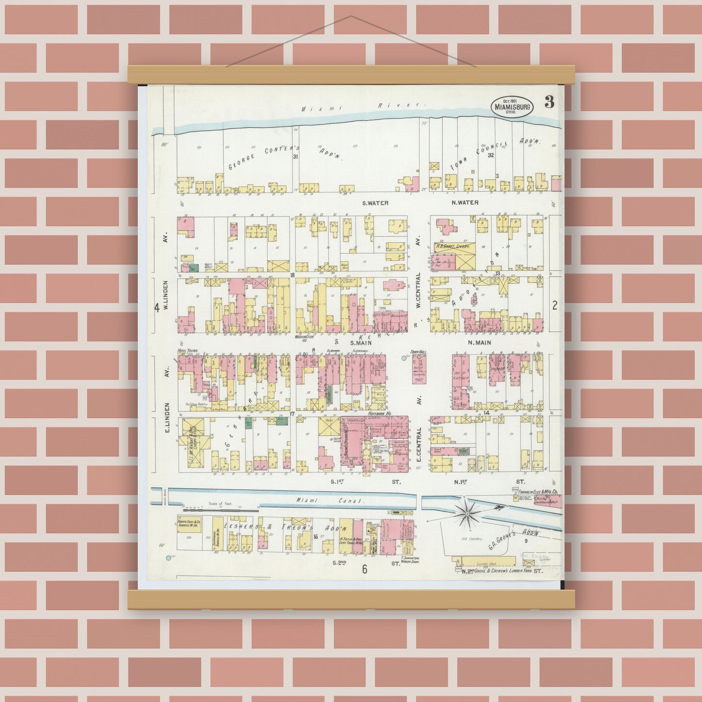 Old map wall art mockup — magnetic wood frame on brick wall — Sanborn Fire Insurance Map from Miamisburg, Montgomery County, Ohio (1901), Sheet #0003