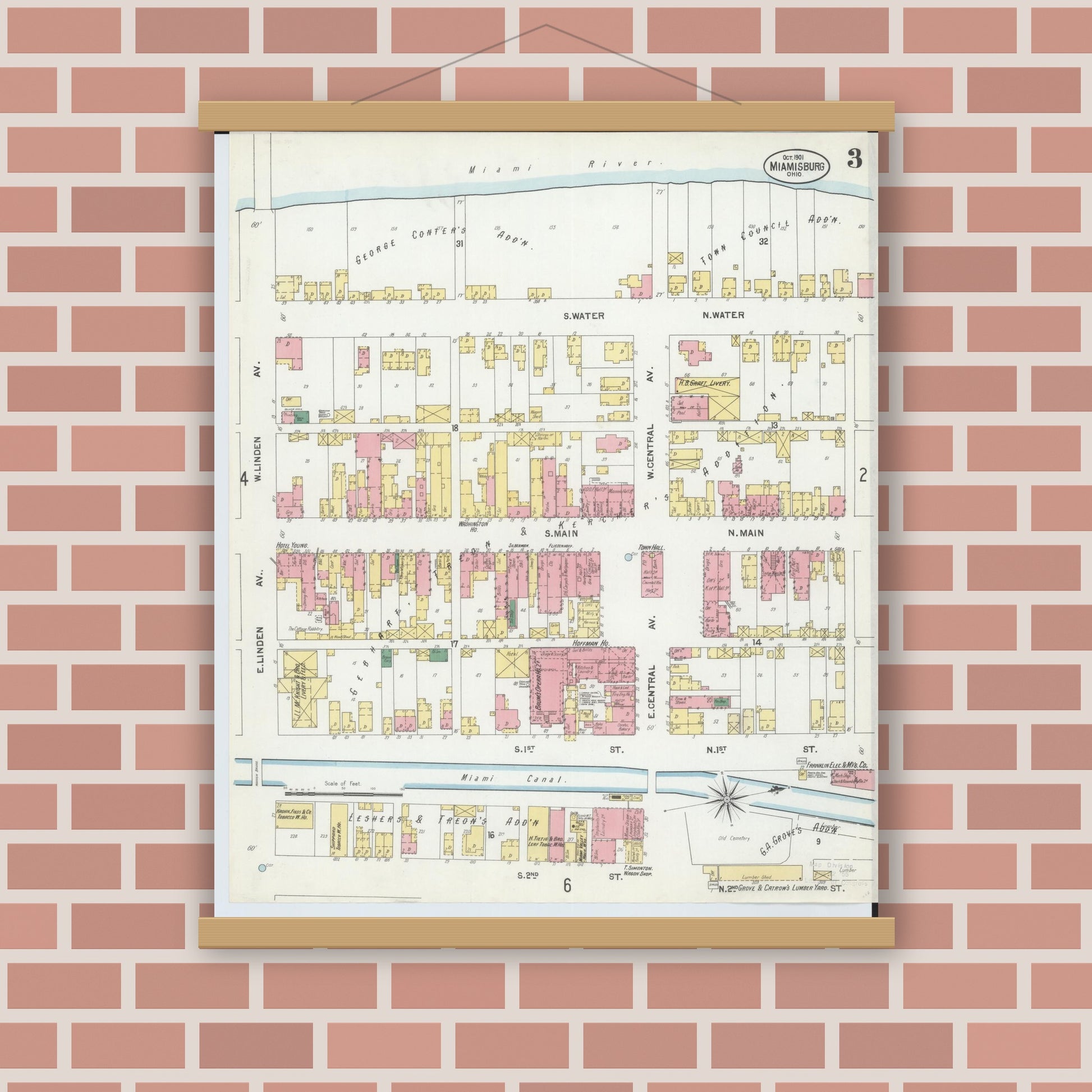 Old map wall art mockup — magnetic wood frame on brick wall — Sanborn Fire Insurance Map from Miamisburg, Montgomery County, Ohio (1901), Sheet #0003
