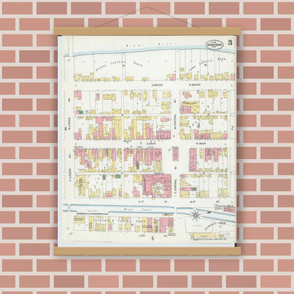 Old map wall art mockup — magnetic wood frame on brick wall — Sanborn Fire Insurance Map from Miamisburg, Montgomery County, Ohio (1901), Sheet #0003
