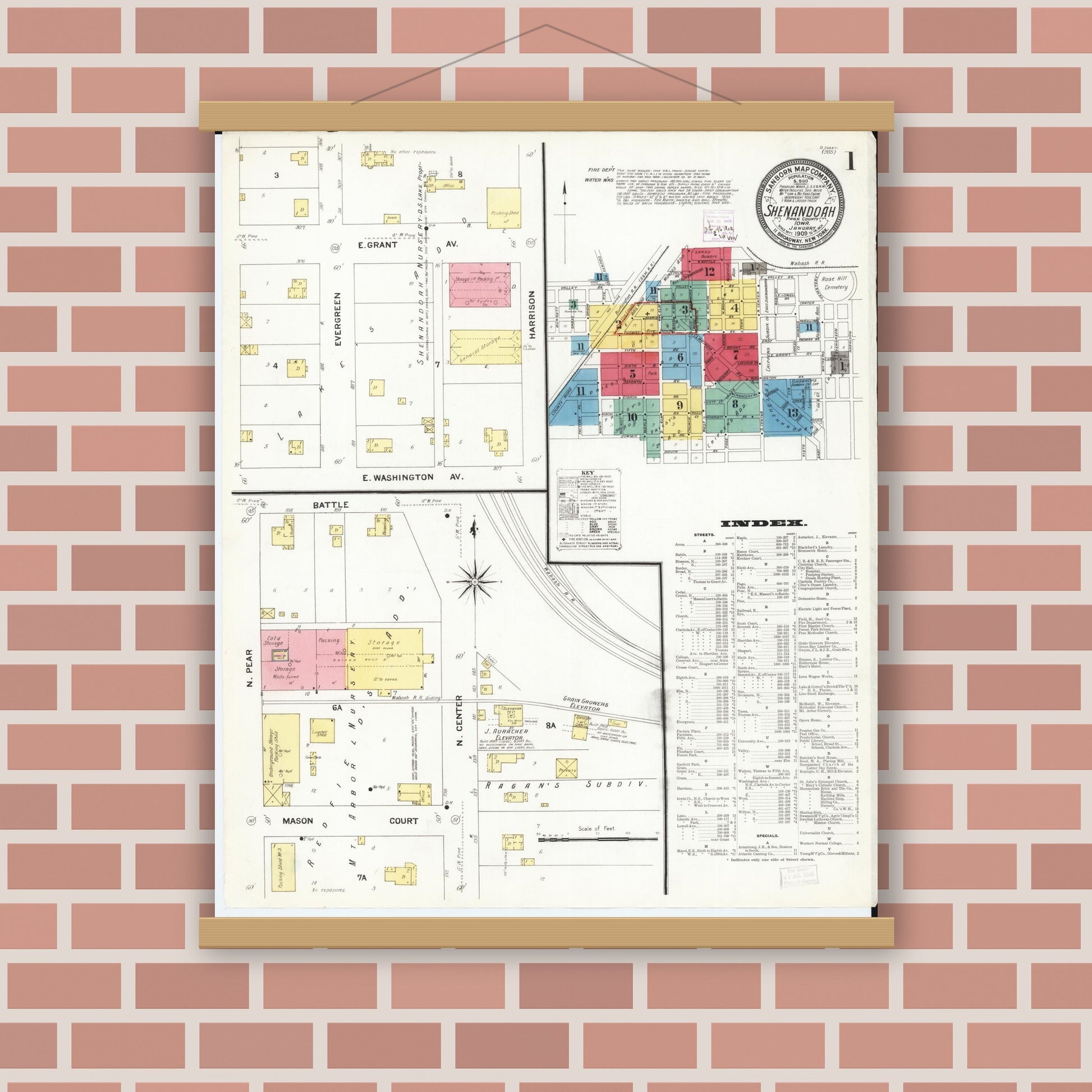 Old map wall art mockup — magnetic wood frame on brick wall — Sanborn Fire Insurance Map from Shenandoah, Page County, Iowa (1909), Sheet #0001