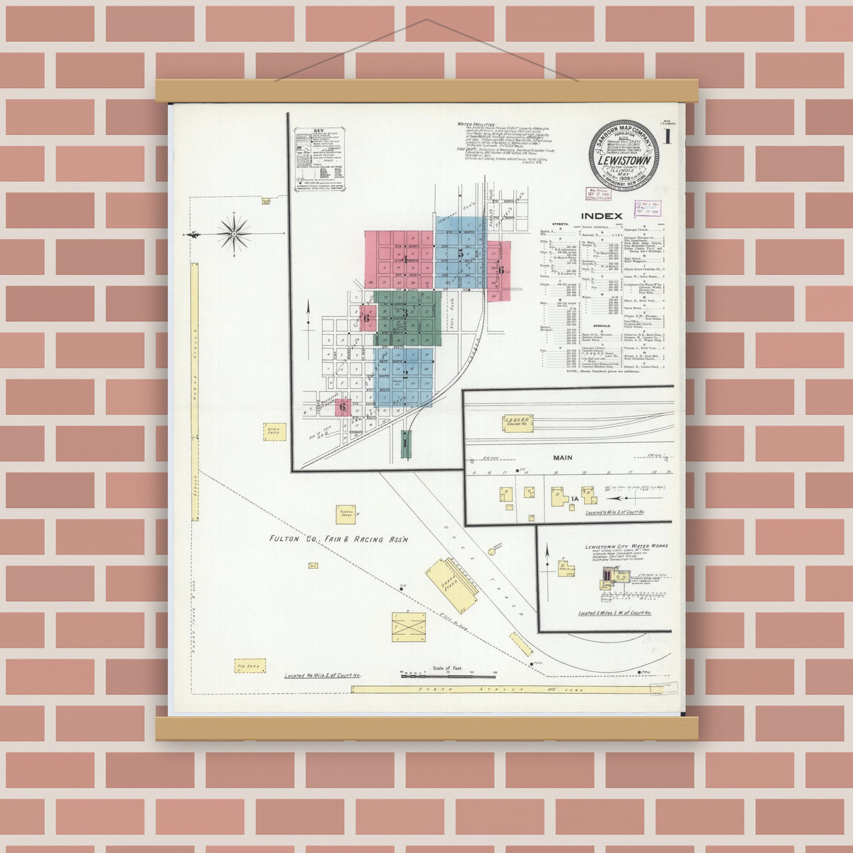 Old map wall art mockup — magnetic wood frame on brick wall — Sanborn Fire Insurance Map from Lewistown, Fulton County, Illinois (1909) - Complete Map Set