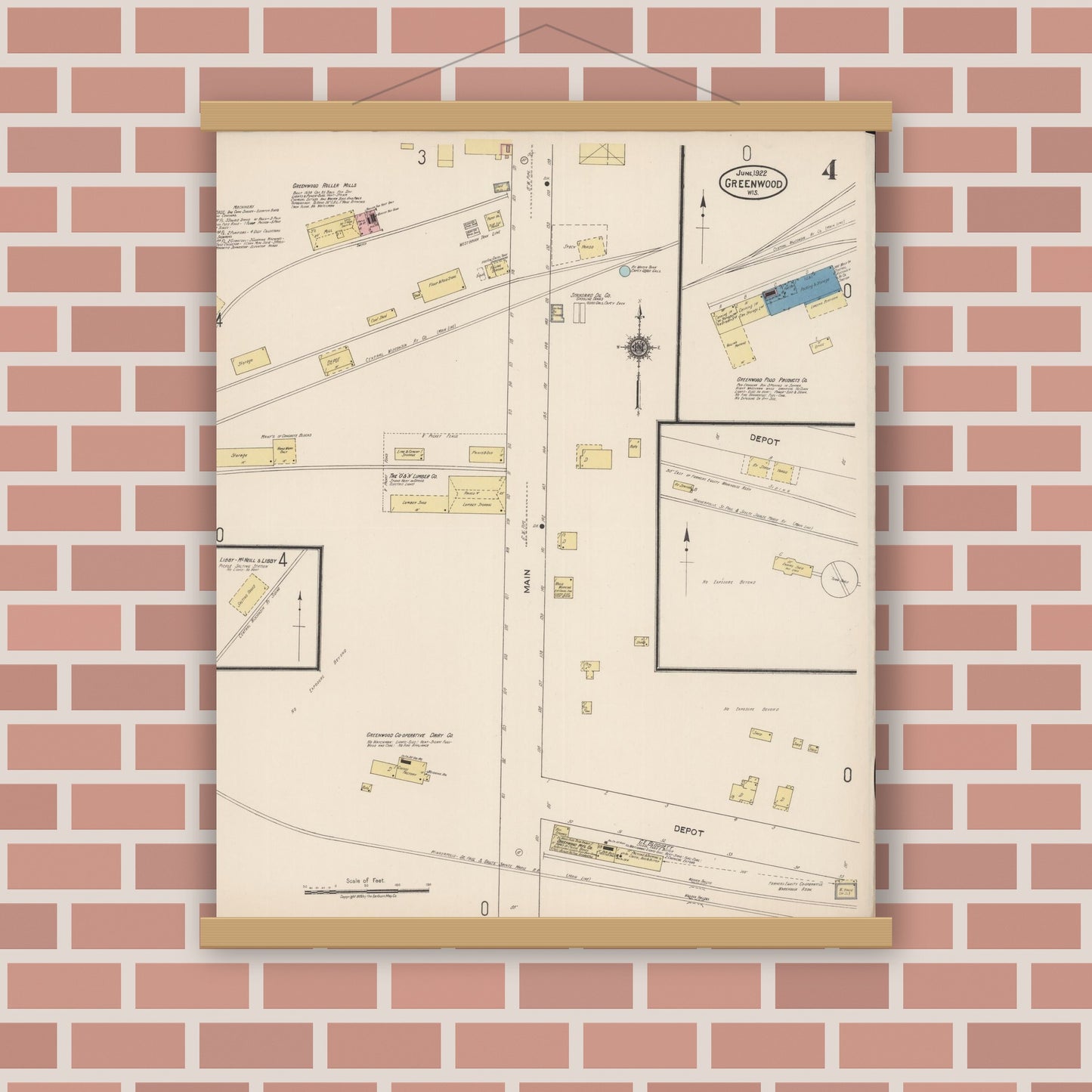 Old map wall art mockup — magnetic wood frame on brick wall — Sanborn Fire Insurance Map from Greenwood, Clark County, Wisconsin (1922), Sheet #0004