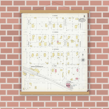 Old map wall art mockup — magnetic wood frame on brick wall — Sanborn Fire Insurance Map from Sullivan, Moultrie County, Illinois (1907), Sheet #0003